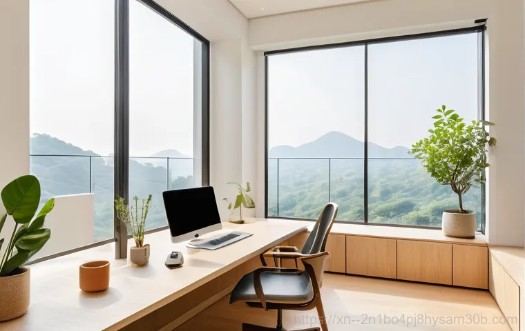 중화동 절전모드 - A young adult, casually dressed in a comfortable t-shirt and jeans, sits at a desk in a cozy home of...