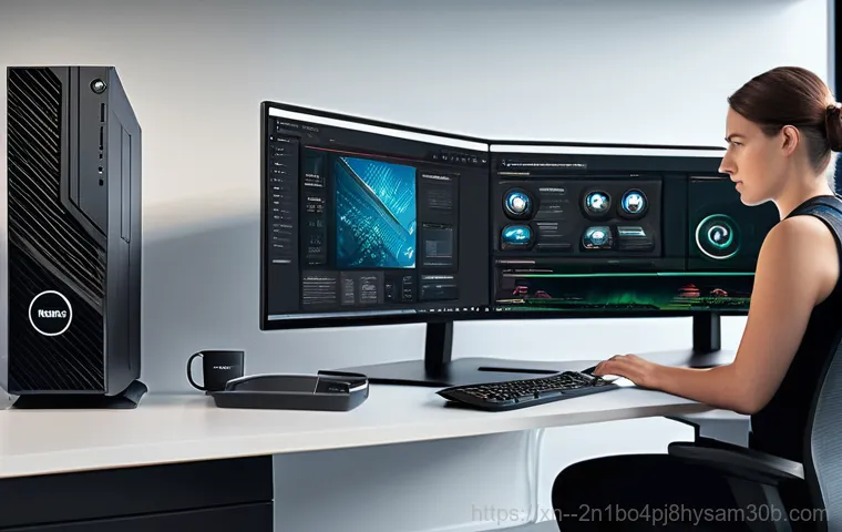 미근동 VGA조립 및 교체수리 - A young adult, gender-neutral, looking frustrated and worried, sits in front of a desktop computer w...