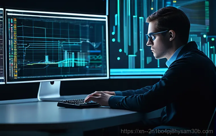 행신동 STATUS_KERNEL_LOG_FAILURE - A person in their late 20s, looking stressed and frustrated, sits at a modern desk with a computer m...