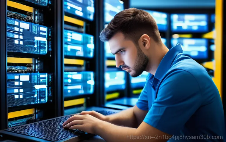 대흥동 STATUS_KERNEL_CONNECTION_TIMEOUT - An IT engineer, mid-30s, looking stressed and frustrated, illuminated by the glow of a large monitor...