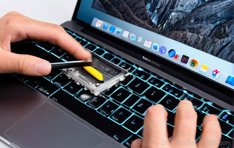 옥인동 맥북프로 판매 및 수리 - **A close-up, dramatic shot of a visibly swollen MacBook battery inside an opened MacBook Pro. A pro...