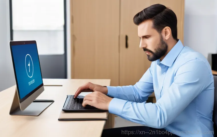 북가좌동 STATUS_INVALID_PARAMETER - A young adult (20s) sits at a modern wooden desk, looking intently at a laptop screen that displays ...