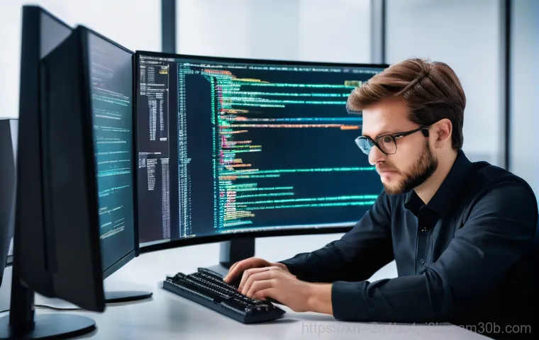 운니동 STATUS_MODULE_NOT_FOUND - A perplexed software developer, looking a bit stressed but determined, sits at a desk in a modern, s...