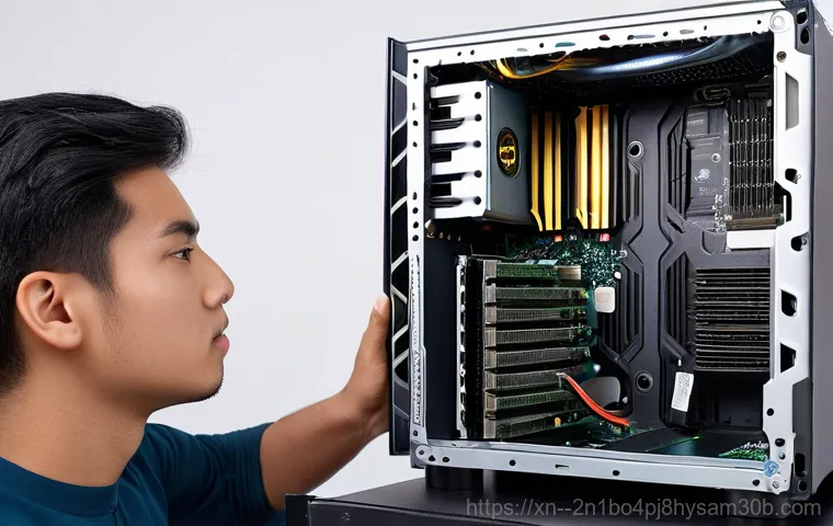 중화동 입력신호가 없습니다 - A focused person, approximately 30 years old and gender-neutral, calmly troubleshooting a desktop co...