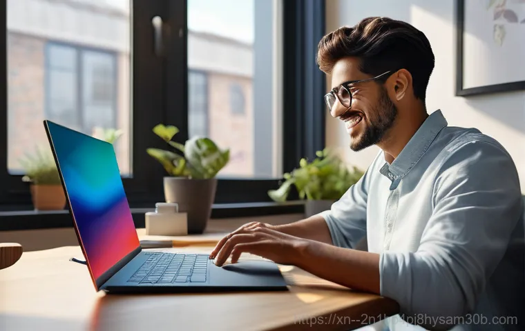 영등포동 윈도우11 windows11 재설치 포맷  초기화 - A slightly older, worn laptop sits on a modern desk, its screen displaying a frozen, cluttered Windo...