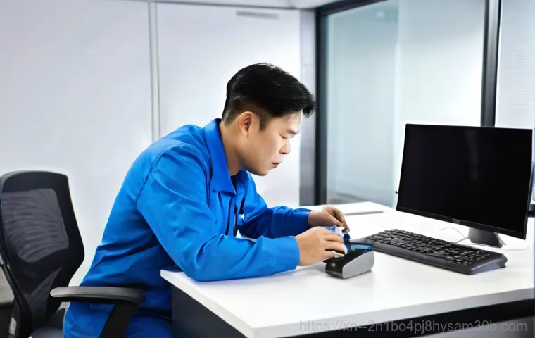 도림동 워크스테이션출장방문수리점 - **Prompt:** A distraught professional, appearing in their late 20s to early 40s, sits hunched over a...