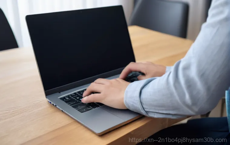 석관동 노트북 laptop 출장방문수리점 - A friendly and professional male technician, aged 30s, wearing a clean blue uniform shirt with a com...