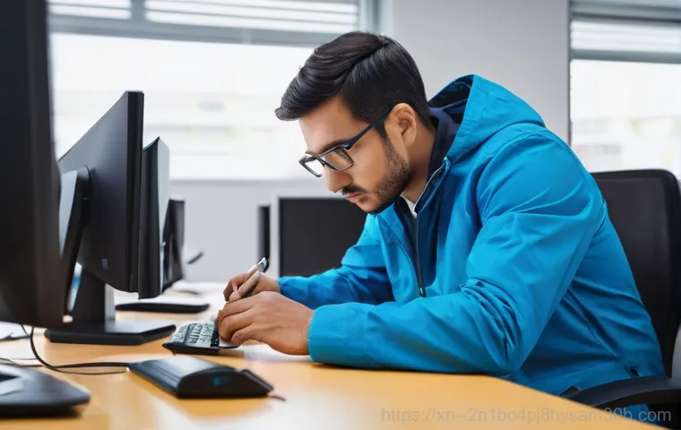 회현동 STATUS_PAGE_FAULT - A young professional, appearing stressed and frustrated, sits in front of a modern desktop computer....