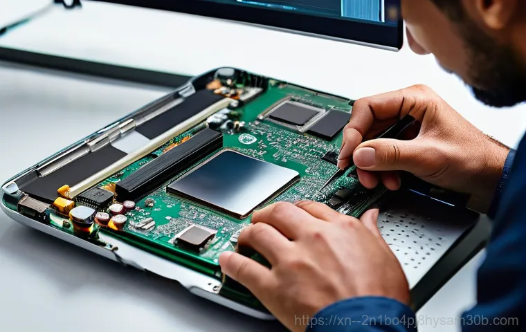 이태원 맥북프로 판매 및 수리 - A close-up of a modern MacBook Pro (M1 or M2 model) with a visibly cracked screen, showcasing intric...
