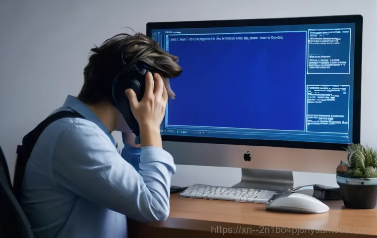 관문동 부팅안됨 - A frustrated young professional sits at a desk, staring intently at a desktop computer that refuses ...