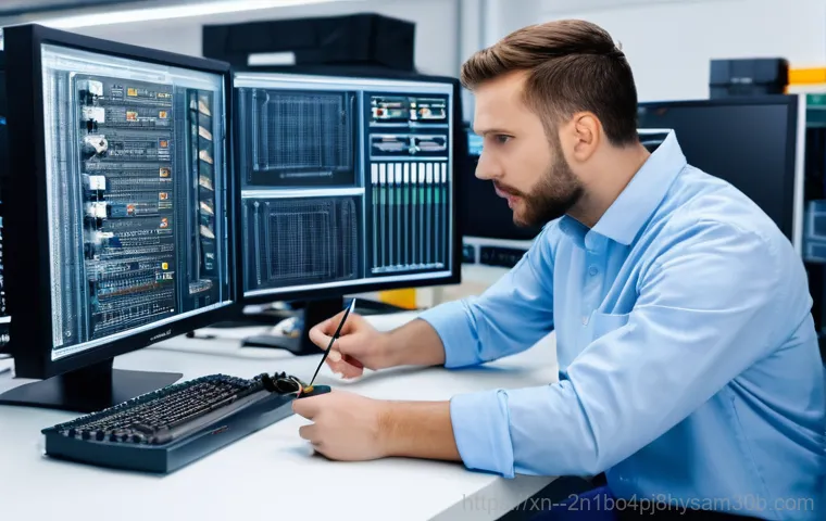 수색동 pc에 문제가 발생하여 다시 시작해야 합니다 - Close-up shot of hands carefully removing or inspecting a RAM stick from a computer motherboard. The...