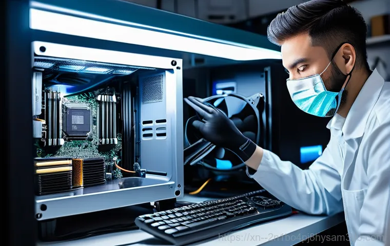 삼동 쿨러조립 및 교체수리 - A close-up, highly detailed shot of a high-end desktop PC's interior, viewed through a transparent s...