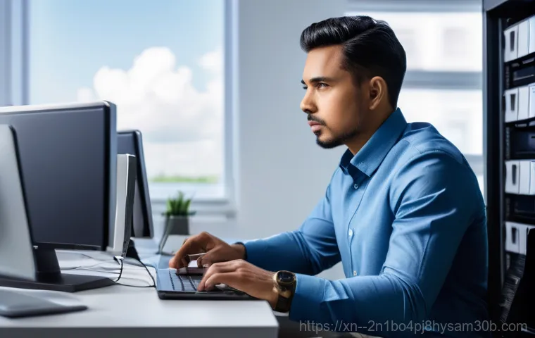 금호동 NTFS_FILE_SYSTEM - A person in their late 20s to early 30s, wearing a casual t-shirt and jeans, sitting at a computer d...