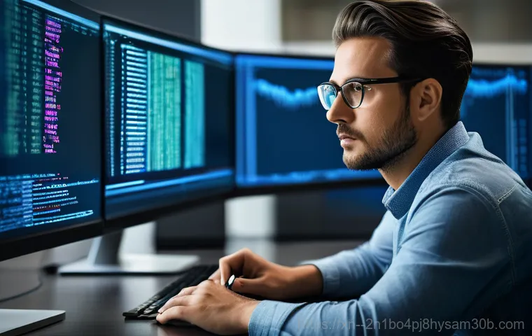 신내동 STATUS_CONTROL_C_EXIT - A close-up of a young software developer, looking a bit stressed and disheveled, running a hand thro...