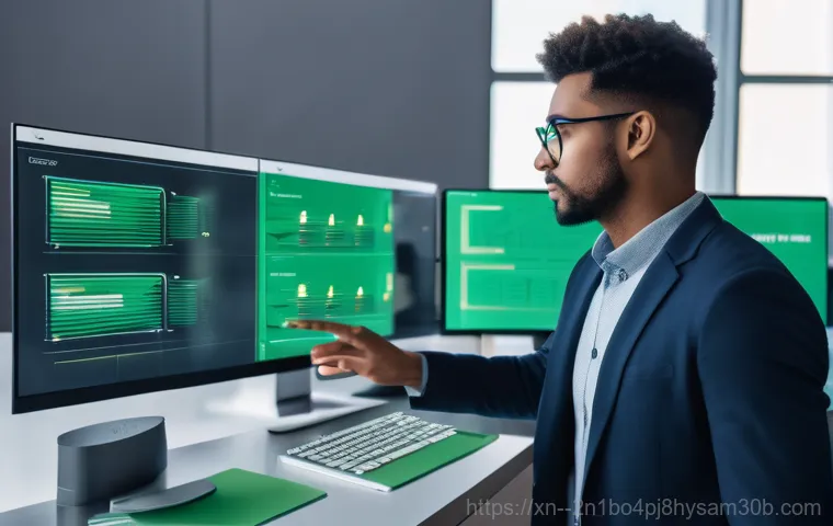 고척동 CDFS_FILE_SYSTEM - In a vibrant, futuristic data center with glowing server racks and holographic interfaces, a confuse...