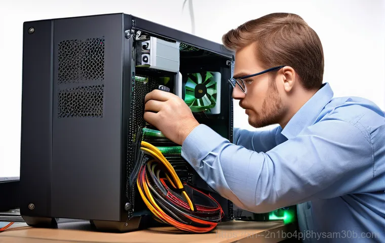 아현동 본체 꺼졌다 켜졌다 할때 - A detailed close-up shot inside an open desktop computer case. A pair of hands, with clean fingernai...
