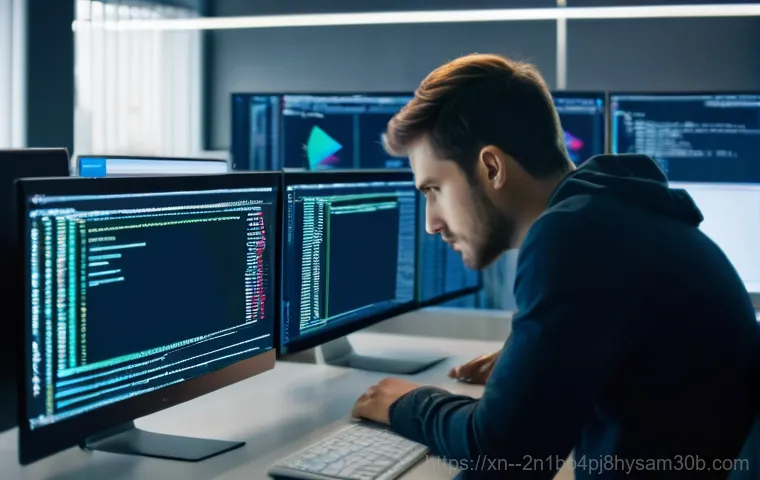 신창동 STATUS_MODULE_ACCESS_DENIED - A person with a look of mild frustration and concentration, sitting in front of a computer monitor d...