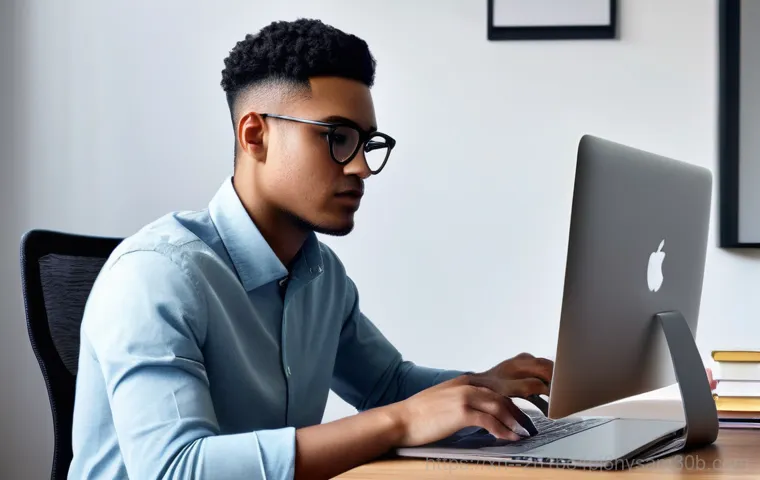 예지동 맥윈도우 부트캠프_bootcamp 재설치 포맷  초기화 - **Prompt:** A young adult, gender-neutral, sits at a modern, clean desk with a sleek MacBook open in...