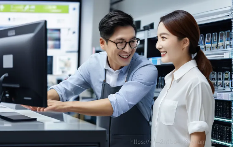 신촌동 신호없음 - An adult computer technician, wearing a clean, practical uniform (such as a polo shirt and trousers)...