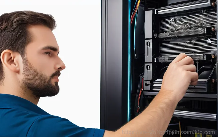 상암동 WHEA_UNCORRECTABLE_ERROR - **Prompt:** A close-up shot inside an open desktop computer case, showcasing a pair of hands careful...