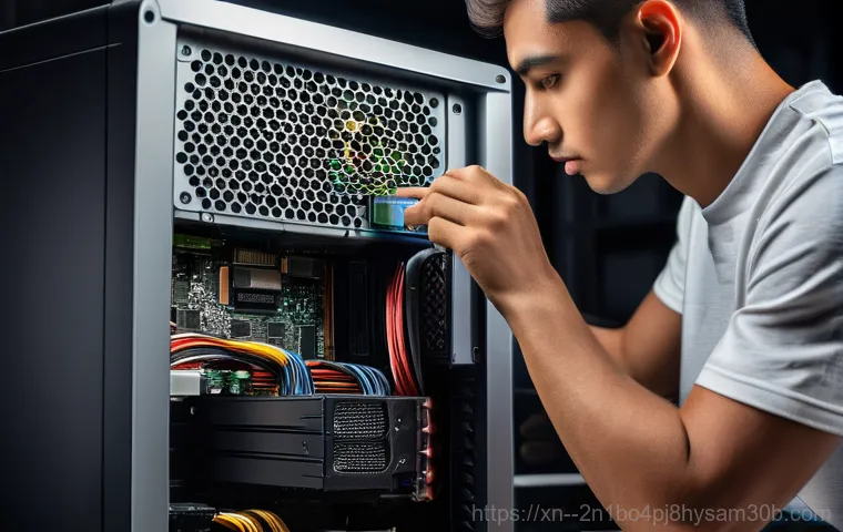 전농동 케이블연결확인 - A close-up shot of a person's hands carefully checking the HDMI and DisplayPort cables connected to ...
