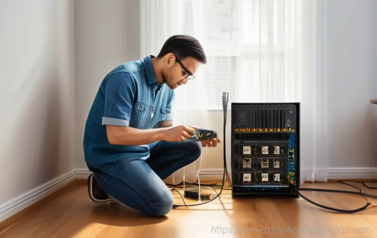 전농동 케이블연결확인 - An image showing a person, wearing a simple t-shirt, gently holding a graphics card inside an open c...