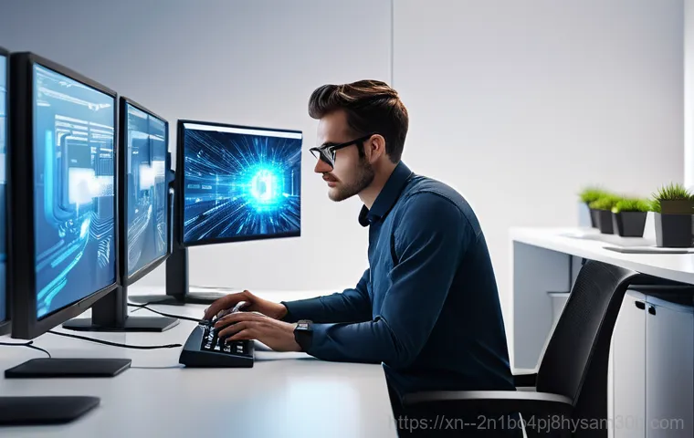 방학동 INVALID_KERNEL_HANDLE - A person in their late 20s, dressed in a modest long-sleeved shirt and jeans, sitting at a desk in a...