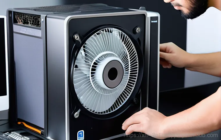 선유동 팬돌다 멈춤 - A close-up, detailed shot of a neglected computer cooling fan or a desktop fan. The fan blades and m...