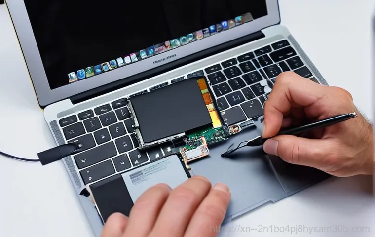묵정동 맥북프로 판매 및 수리 - **A frustrated MacBook user examining a damaged screen.**
    **Prompt:** "A young adult (gender-neu...