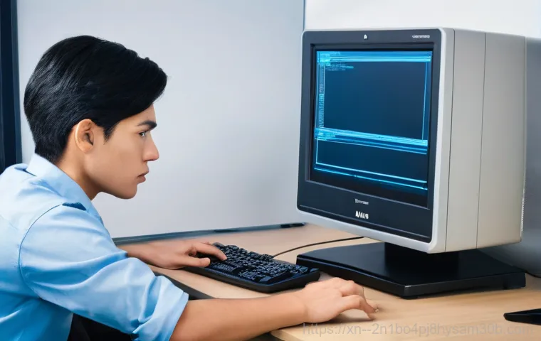 현석동 STATUS_KERNEL_HANDLE_INVALID - A person, approximately 20-30 years old, looking intently at a computer screen displaying a vivid bl...