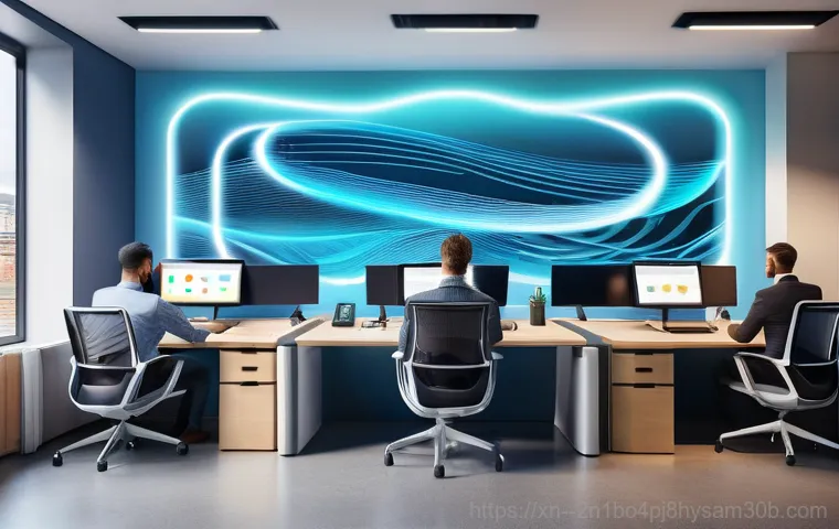 중곡동 네트워크구축 설정 및 세팅오류해결 - A modern, empty office space at night, illuminated by soft blue and white lights emanating from serv...
