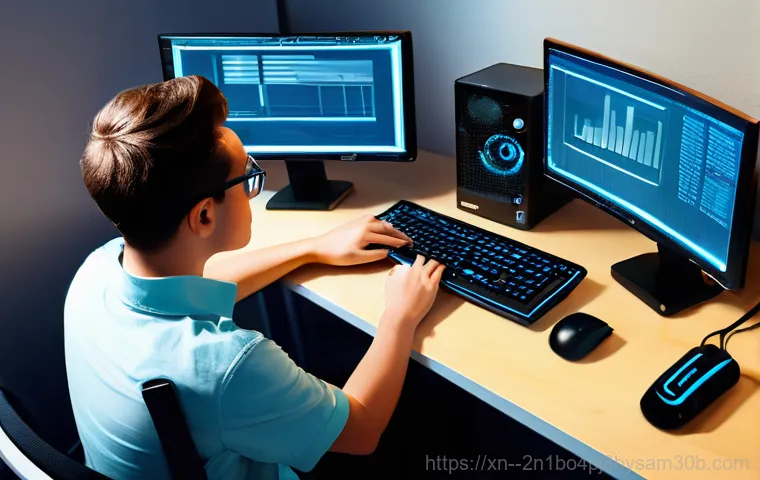 문정동 THREAD_STUCK_IN_DEVICE_DRIVER - **Prompt:** A young adult, looking frustrated and confused, stares wide-eyed at a computer monitor d...