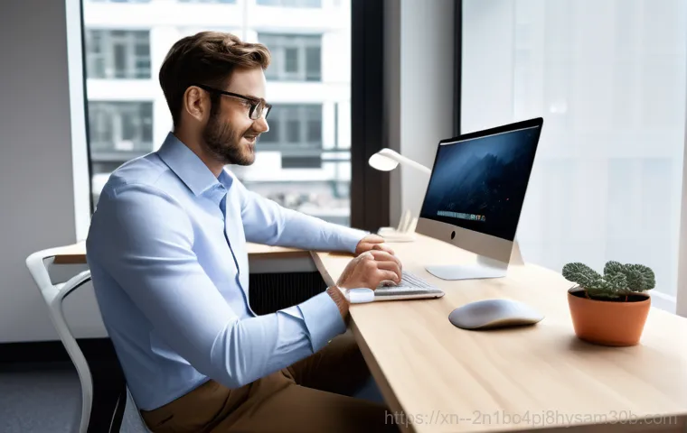 구의동 부트캠프설치 - A sleek, silver MacBook Pro sits open on a polished wooden desk. Its screen is a vibrant, dynamic vi...