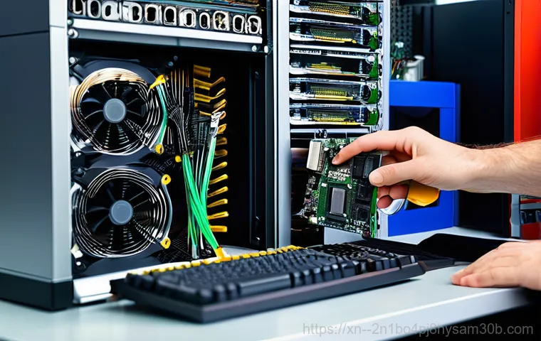 도림동 VGA조립 및 교체수리 - **Image Prompt:** A close-up, detailed shot inside an open desktop computer case, focusing on a grap...