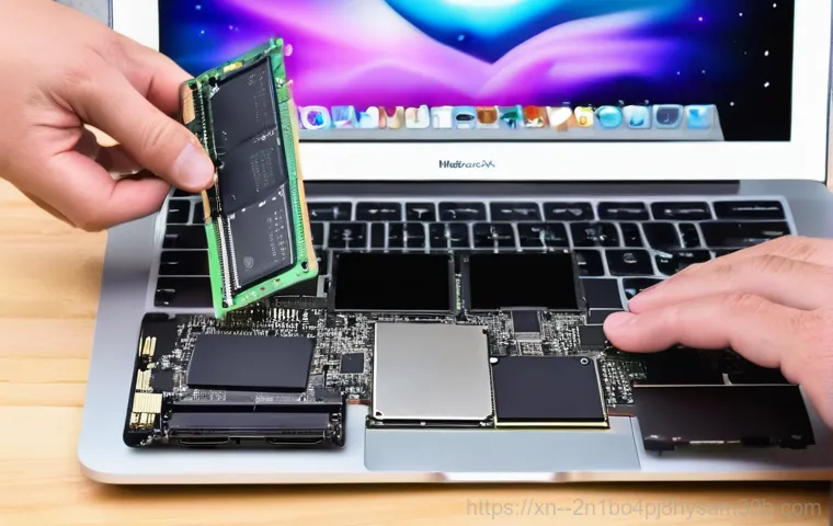신당동 맥북프로 판매 및 수리 - **Image Prompt 2: MacBook Battery Swelling and Replacement**
    A two-panel image focusing on MacBo...