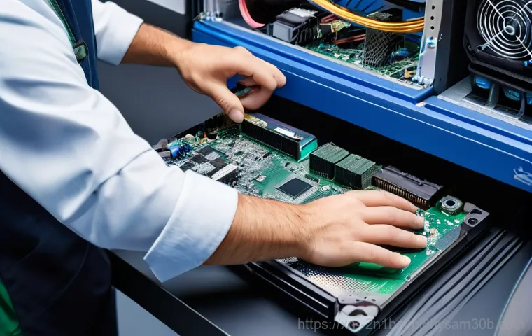 태평로 하드조립 및 교체수리 - A close-up, dynamic shot showcasing a sleek, modern NVMe SSD drive being carefully inserted into an ...