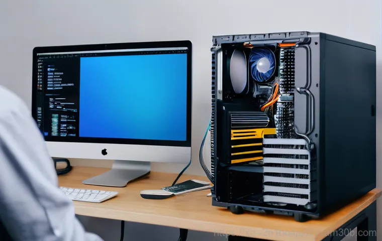 충무로 STATUS_KERNEL_DEVICE_ERROR - **Prompt 2: Inside the PC - Troubleshooting Cables and RAM**
    A close-up shot, from a slightly ov...