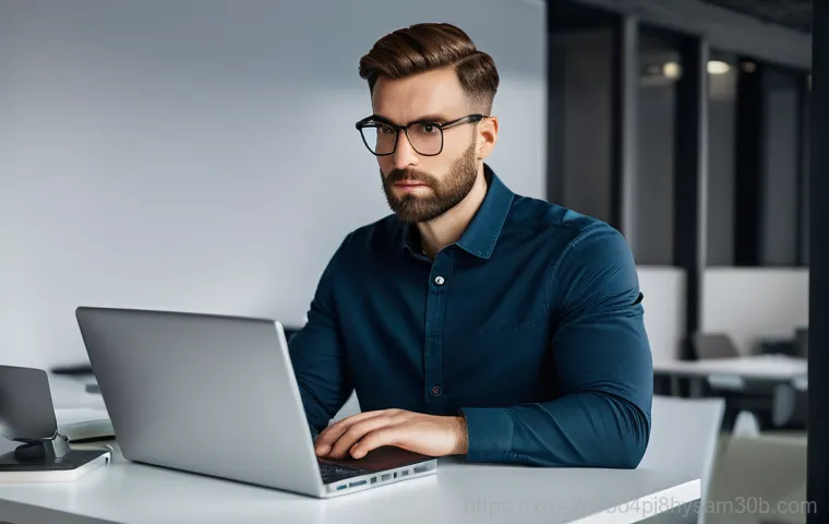 창천동 STATUS_KERNEL_ACCESS_DENIED - A person in their late 20s to early 30s, dressed in casual clothing, sits at a desk with a look of e...
