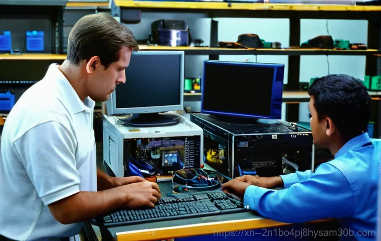 관악구 KMODE_EXCEPTION_NOT_HANDLED - Close-up on the interior of a desktop computer tower, with a person's hands (wearing blue anti-stati...
