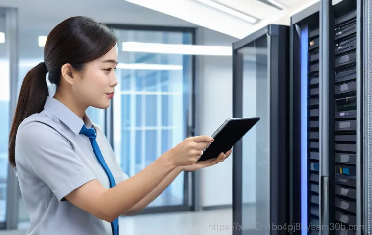 양재동 파일서버출장방문수리점 - A highly focused IT technician, a man in his 30s wearing a blue company polo shirt, is meticulously ...