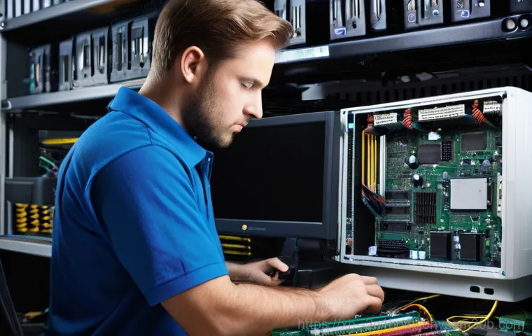 망우동 블루스크린 - **Prompt:** A highly detailed, realistic shot inside an open computer tower. The focus is on the mot...