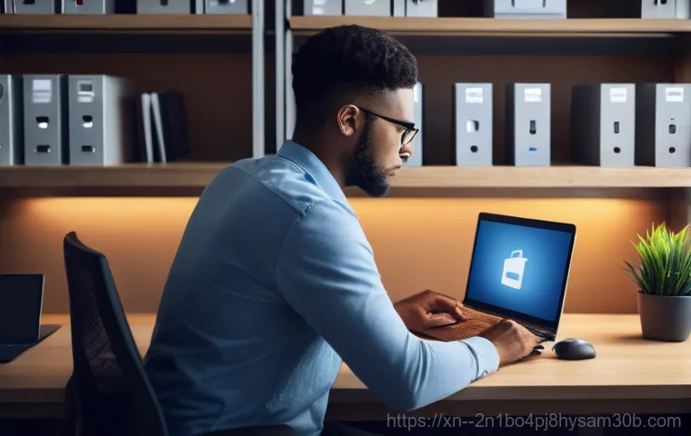 영천동 STATUS_FILE_WRITE_FAILURE - A worried young professional, wearing business casual attire, stares intently at a desktop computer ...