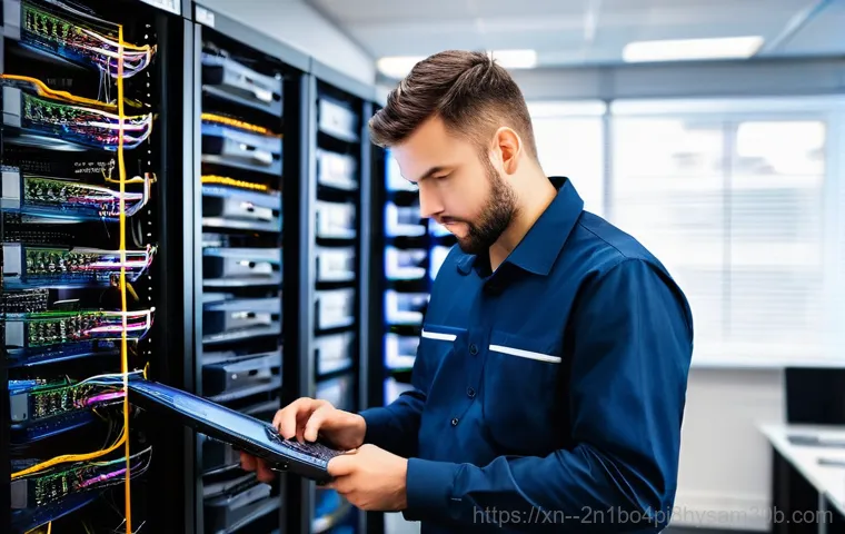중산동 파일서버출장방문수리점 - **Prompt:** A professional IT technician, a man in his late 30s wearing a clean, dark blue uniform s...
