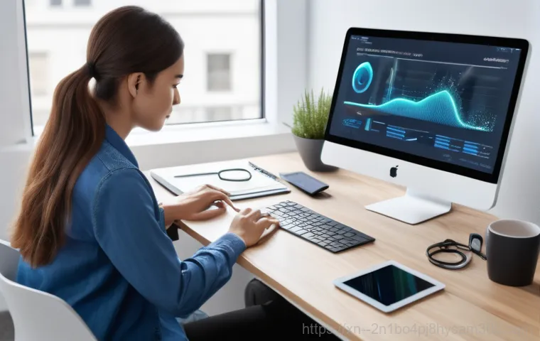 낙원동 STATUS_DEVICE_NOT_READY - A young adult, wearing a casual but clean t-shirt, is intently focused on a laptop screen displaying...
