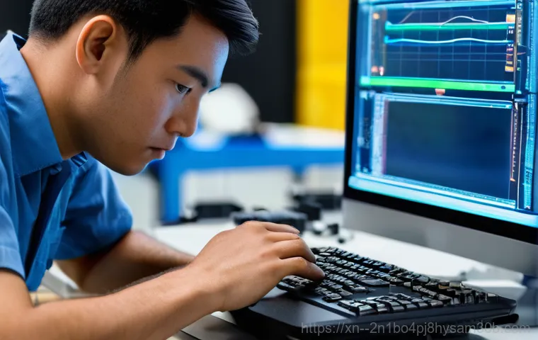 강남구 STATUS_KERNEL_DRIVER_CORRUPTION - A close-up shot of a person, mid-20s, with a look of intense frustration and confusion, staring inte...