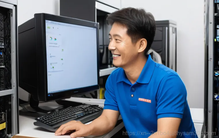 풍납동 컴퓨터 desktop 출장방문수리점 - A frustrated young professional, approximately 30 years old, sits at a modern, clean desk in a home ...