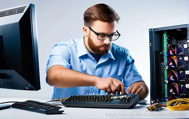 오쇠동 STATUS_KERNEL_SECURITY_CHECK - A young adult, looking visibly frustrated and stressed, sits in front of a modern computer setup. Th...