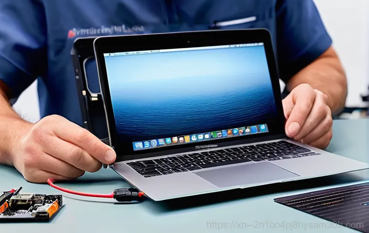 신내동 맥북에어 판매 및 수리 - **Prompt 1: MacBook Air Screen Repair**
    A close-up shot of a skilled technician, wearing a clean...