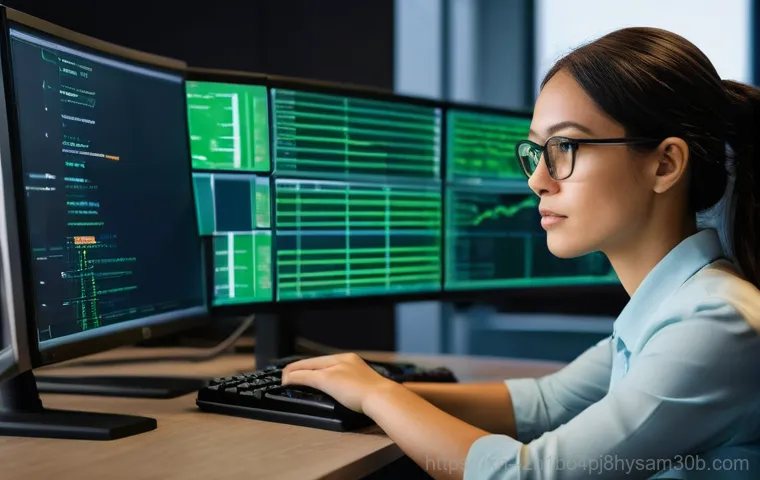 하안동 STATUS_KERNEL_CONNECTION_TIMEOUT - A young, frustrated male IT professional (20s) in a dimly lit home office, staring intently at a lap...