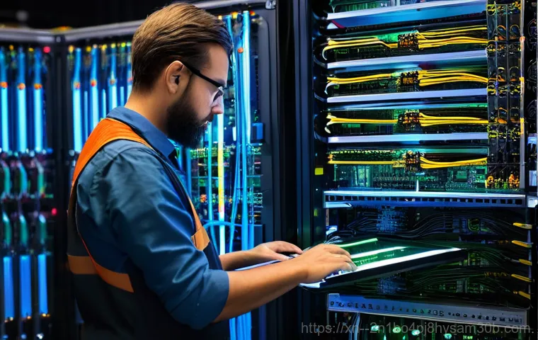 중산동 server출장방문수리점 - **Prompt:** A skilled IT technician, wearing a clean uniform with a company logo, is kneeling beside...